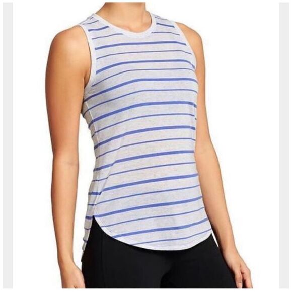 Athleta Asana White & Blue Striped Muscle Tee Sleeveless Tank Top Size Large L - Picture 1 of 9